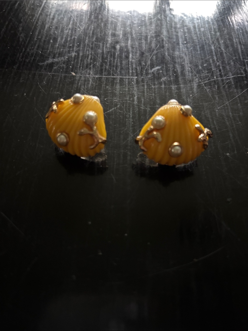 Yellow Shell-Inspired Clip-On Earrings with Pearl Accents